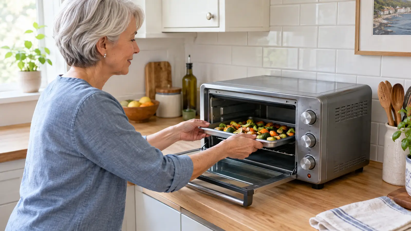 A hand sliding a baking sheet into a compact toaster oven on a kitchen counter
