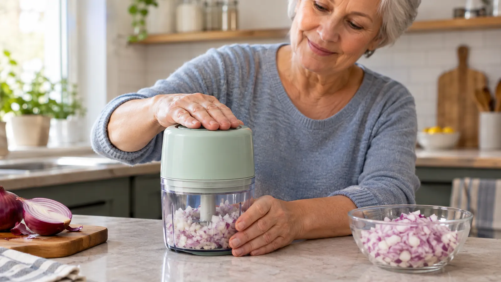 a hand pressing the lid of a mini food processor while chopped onion sits in a small bowl nearby