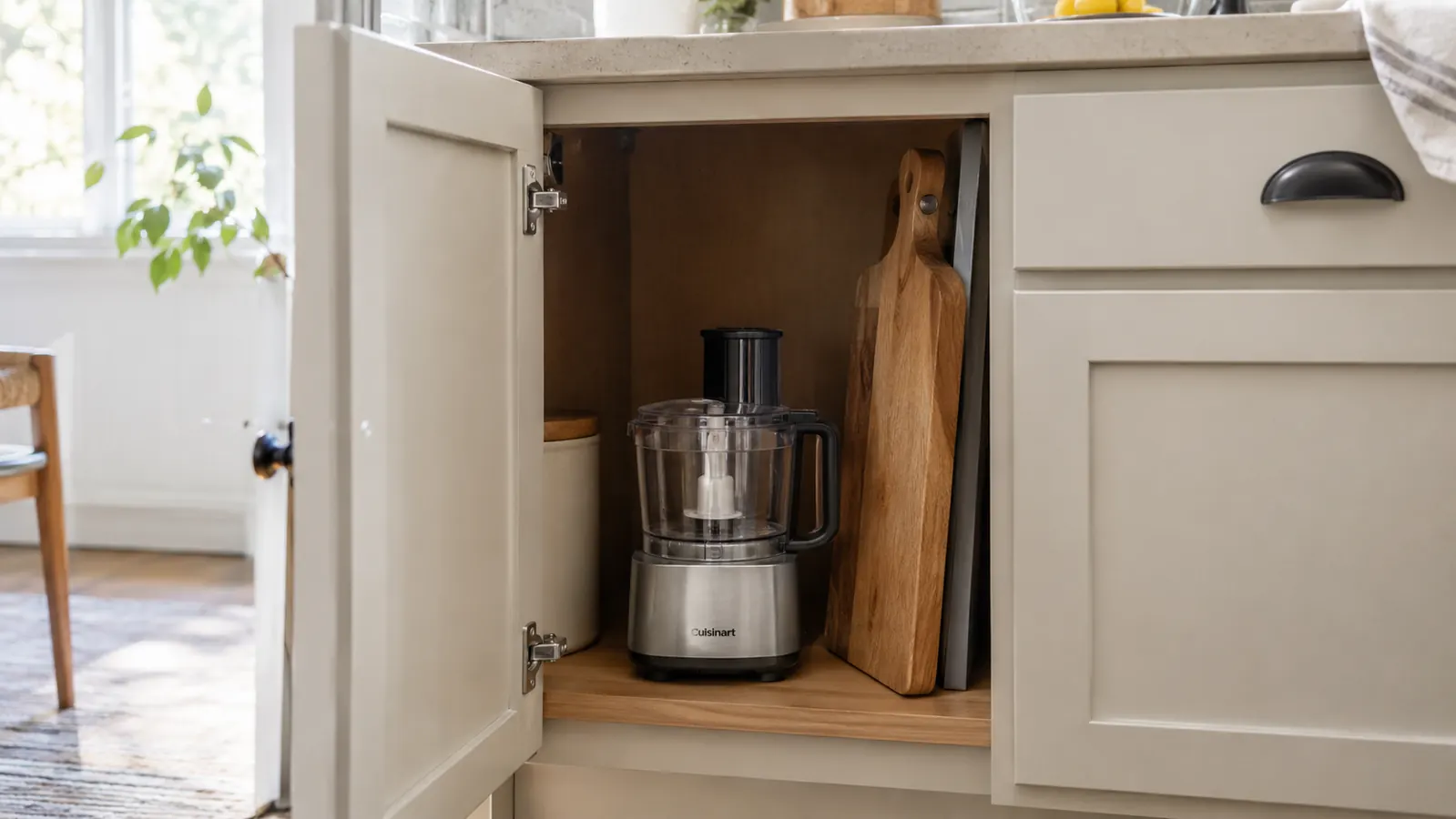 a compact mini food processor stored in a lower kitchen cabinet beside a cutting board
