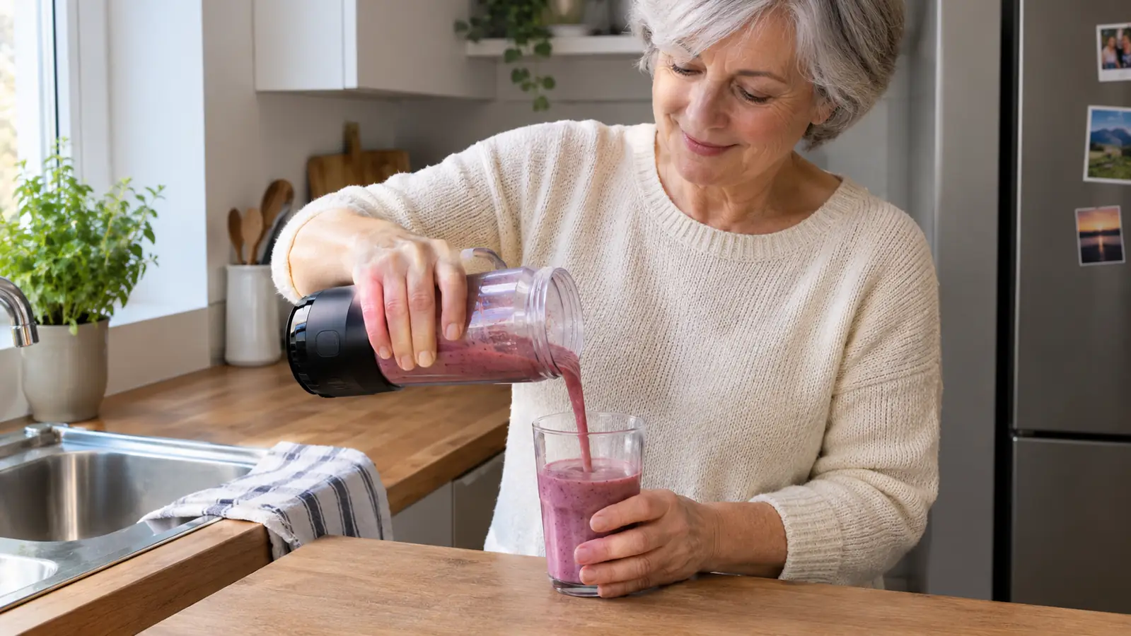 A hand pouring blended fruit into a glass on a small kitchen counter