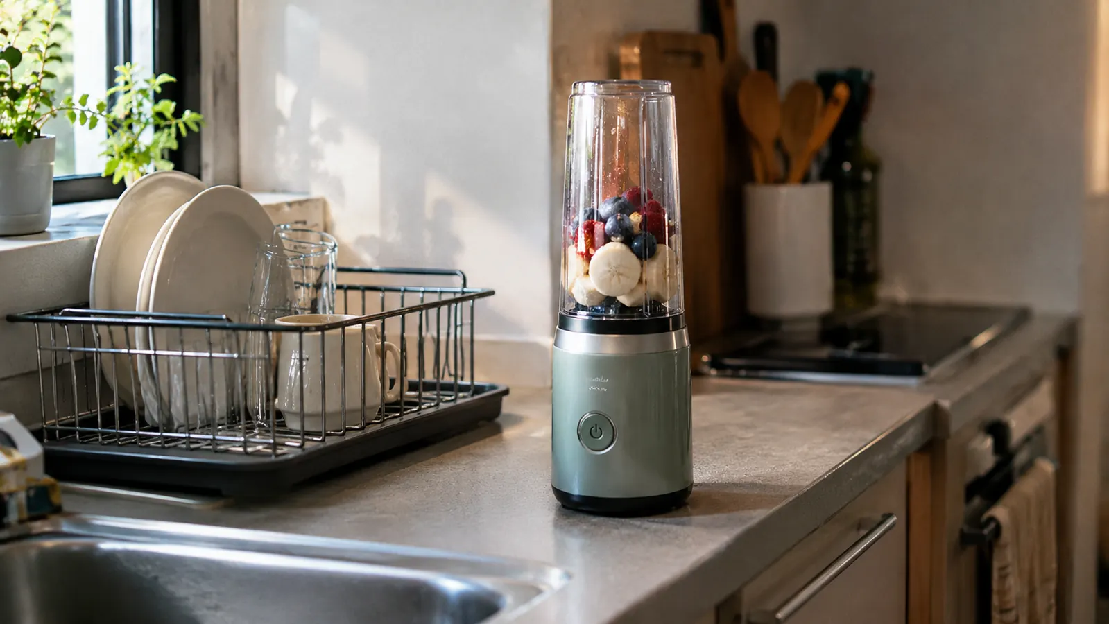 A small personal blender sitting on a narrow counter next to a dish rack