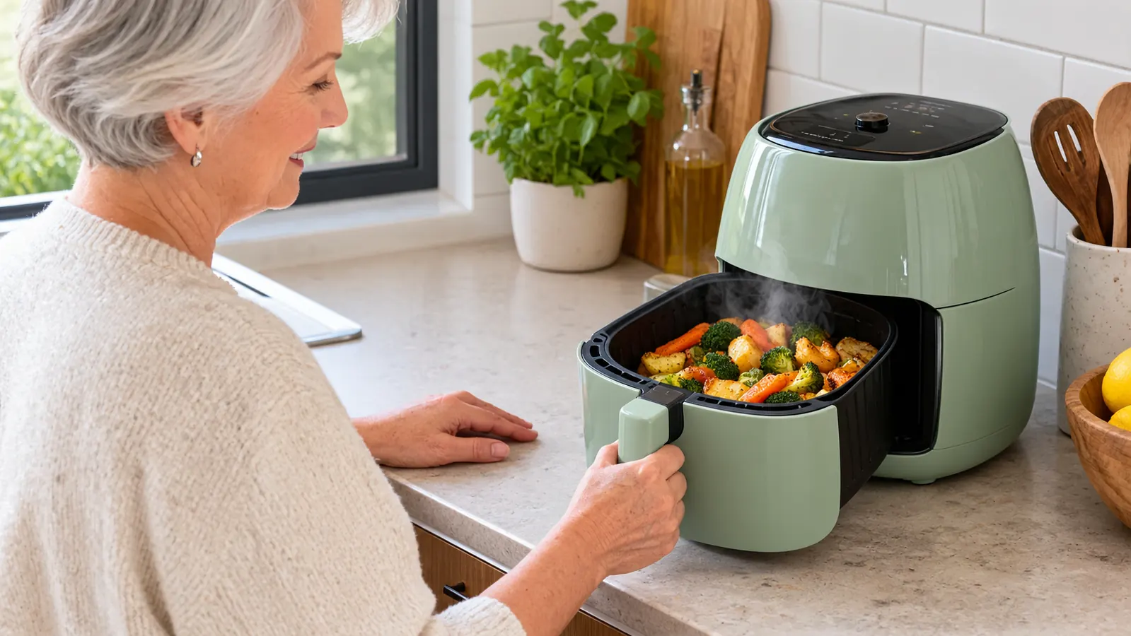 A hand pulling a small air fryer basket out of the appliance on a kitchen counter