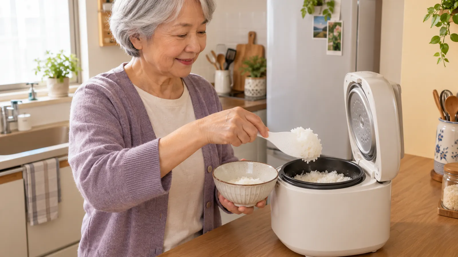 A hand scooping cooked rice from a small rice cooker into a bowl
