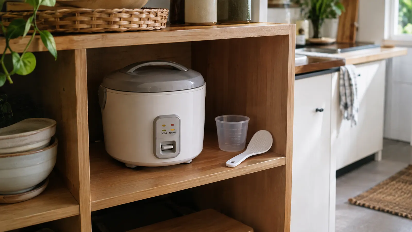 A small rice cooker tucked on a shelf under a kitchen cabinet with a measuring cup beside it
