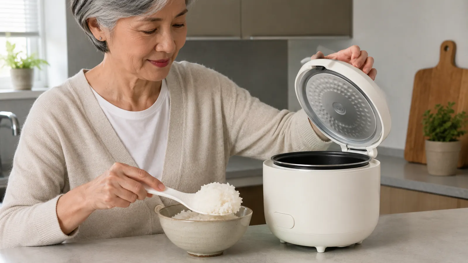 A hand scooping cooked rice from a small rice cooker into a bowl on a kitchen counter
