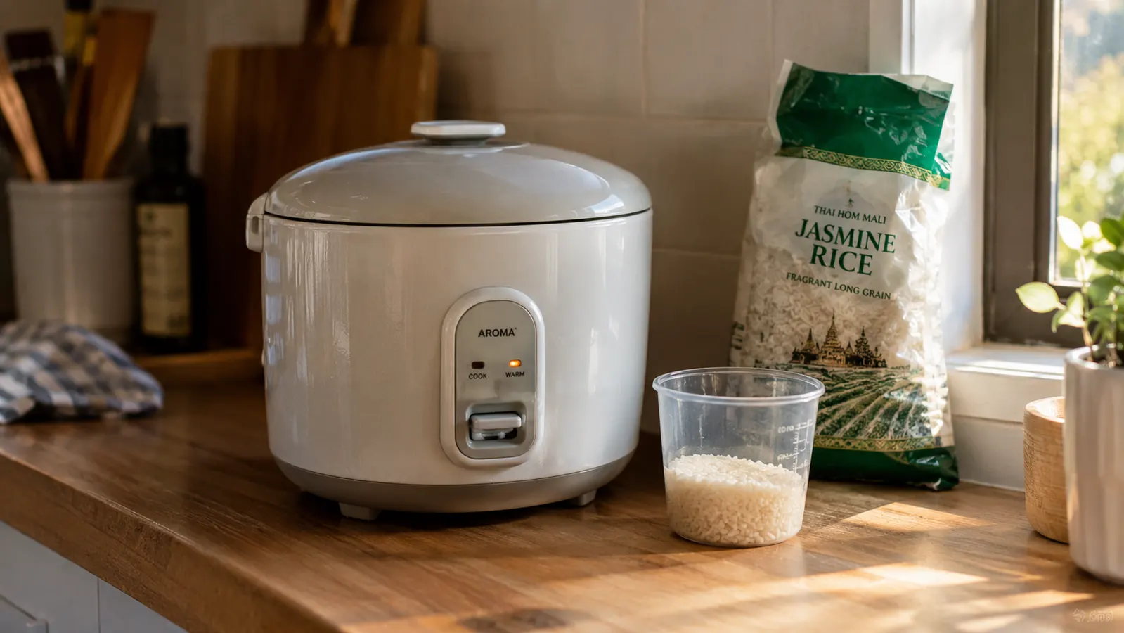 A small rice cooker on a counter next to a measuring cup and a bag of rice