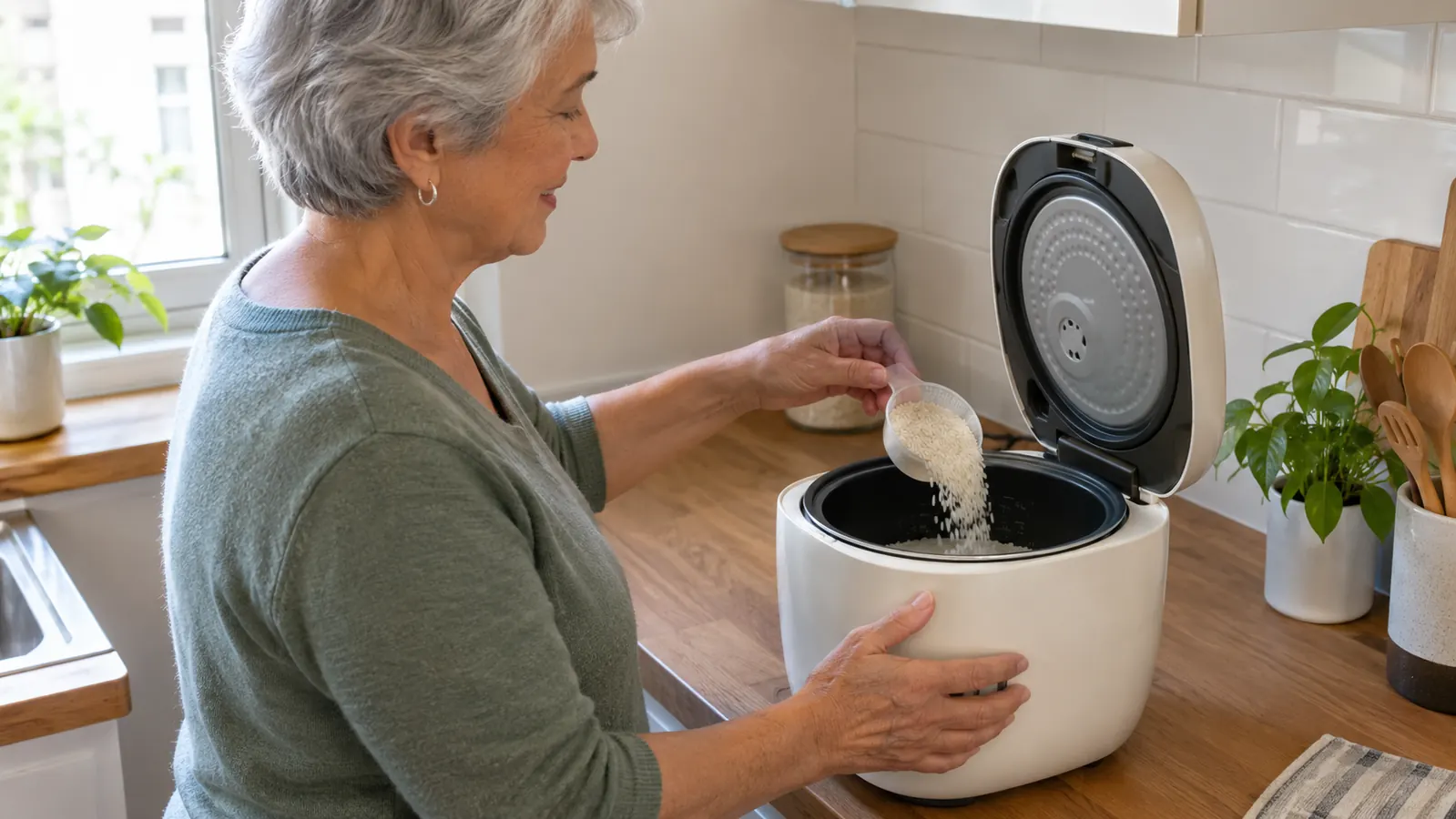 Hands scooping rice into the inner pot of a small rice cooker on a kitchen counter