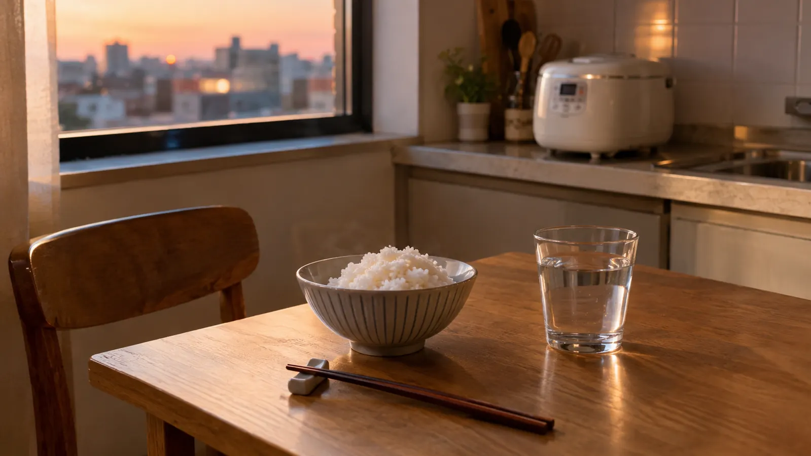 A bowl of steamed rice on a small kitchen table set for one, with the rice cooker visible on the counter behind