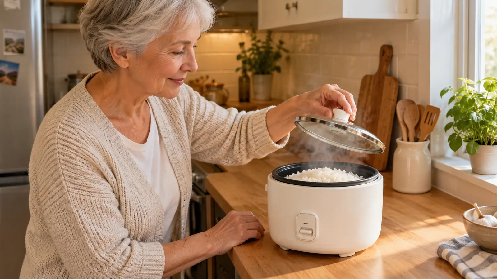 A hand lifting the glass lid off a small rice cooker to let out steam over freshly cooked rice