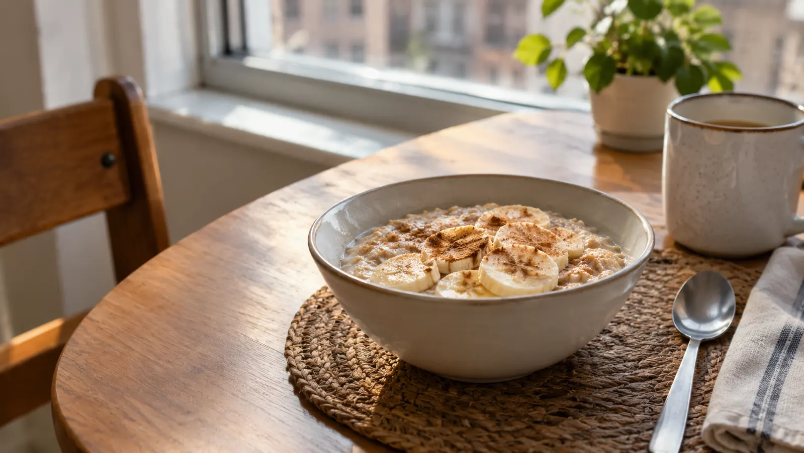 A bowl of steaming oatmeal topped with sliced banana on a small kitchen table by a window