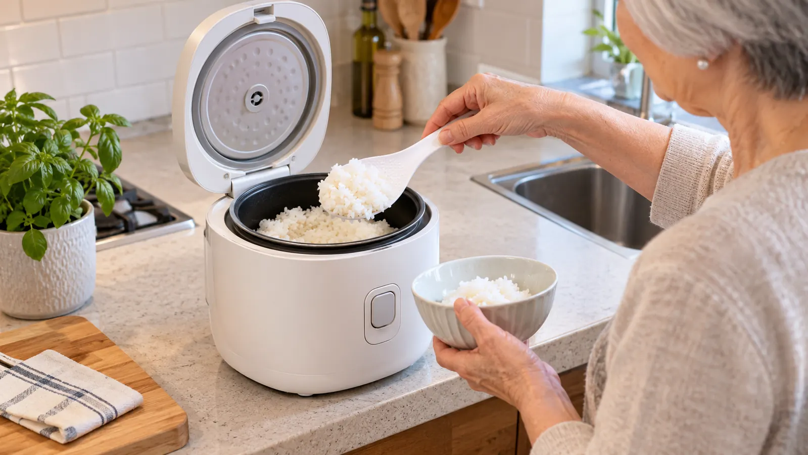 A hand lifting the lid of a small rice cooker to serve rice in a small kitchen
