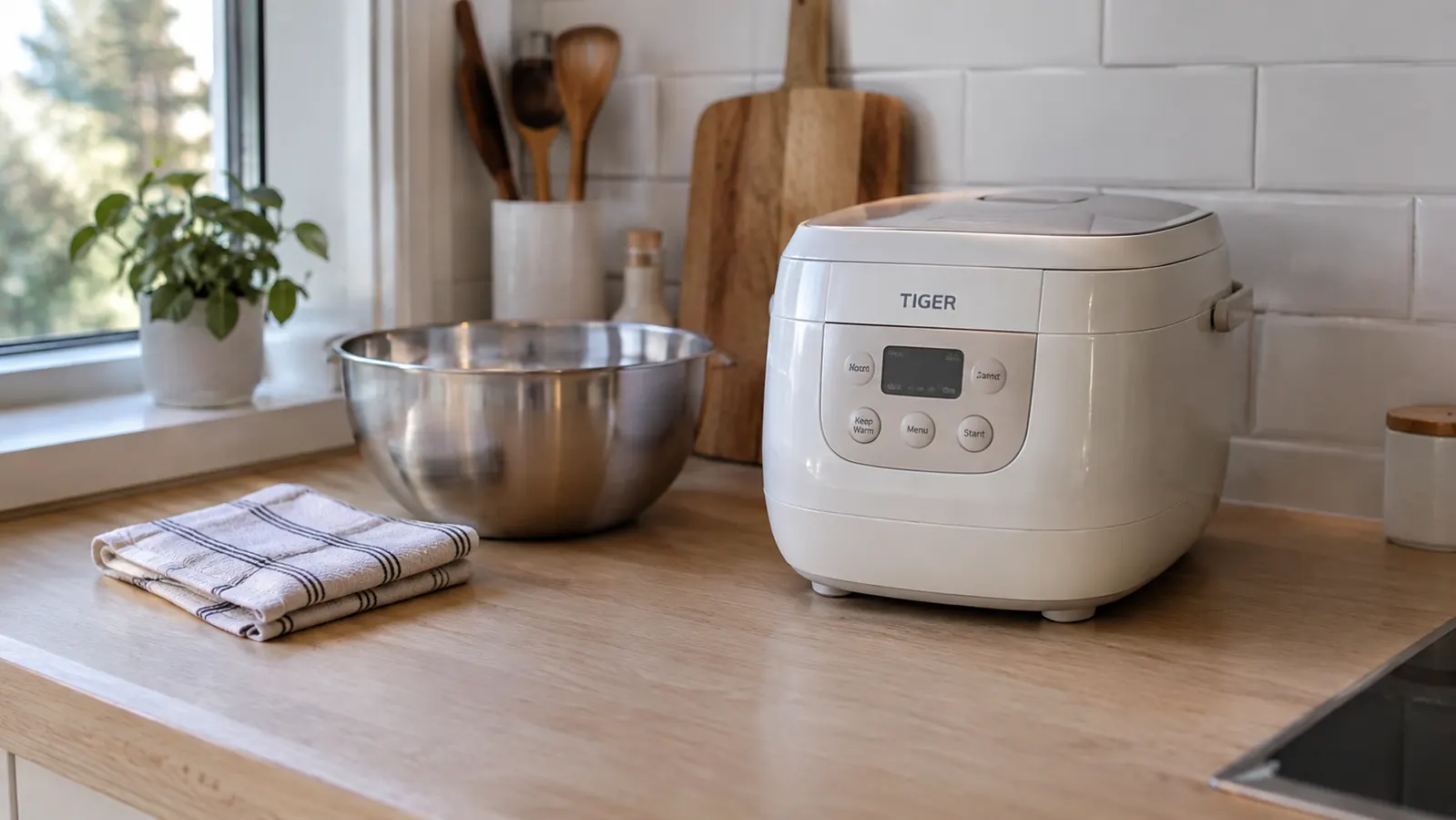 A small rice cooker on a counter next to a clean mixing bowl and a dish towel