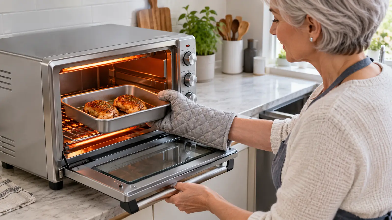 A hand in an oven mitt sliding a small baking pan into an open toaster oven