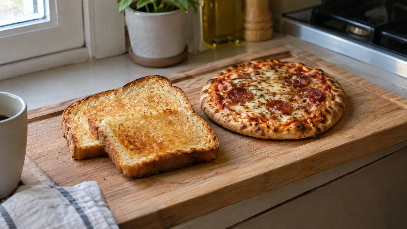 Golden toasted bread slices and a small personal pizza on a cutting board in a small kitchen
