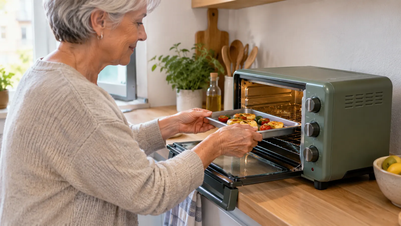 A hand slides a small baking tray into an open toaster oven on a narrow kitchen counter.