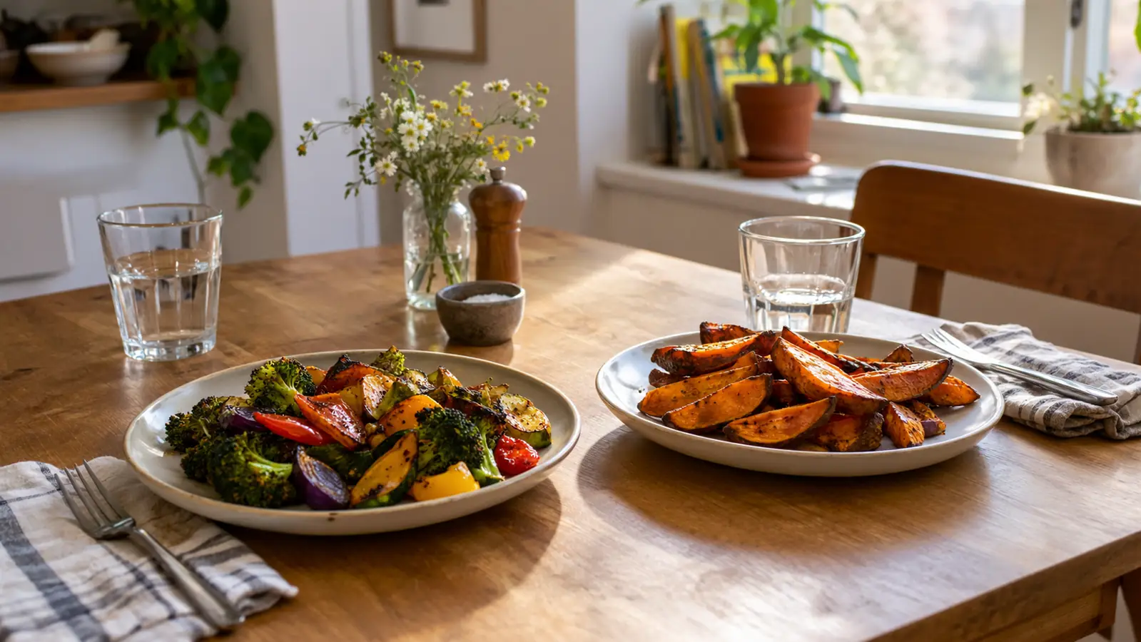 A small kitchen table set for two with a plate of roasted vegetables and a tray of sweet potato wedges in warm afternoon light.