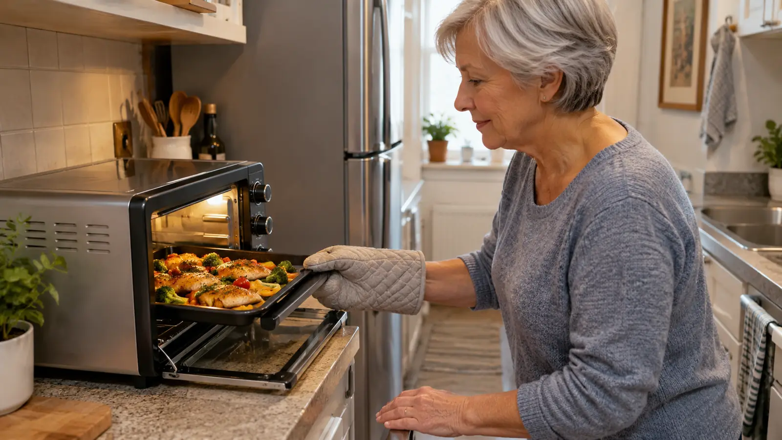 A compact toaster oven sitting on a kitchen counter with a baking tray partway out