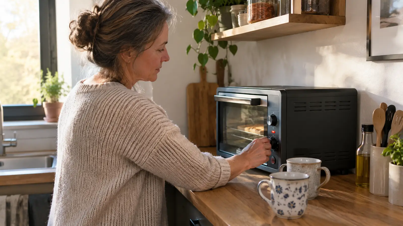 A woman in a small kitchen setting a timer on a compact toaster oven while two mugs sit nearby