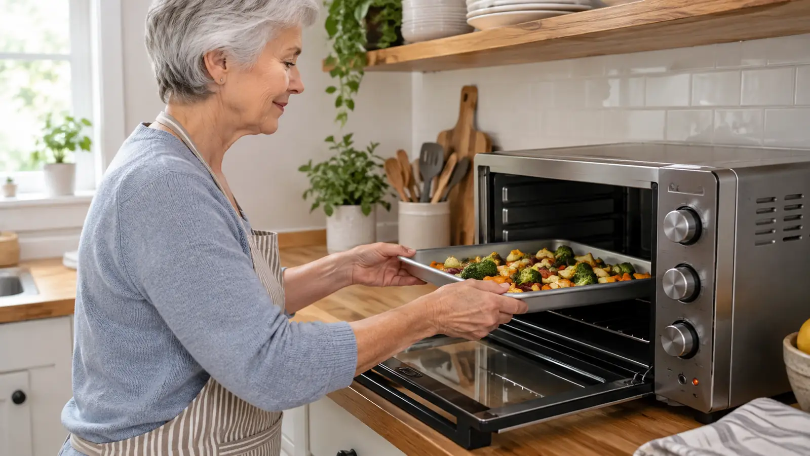 Hands in a small kitchen sliding a baking sheet into a toaster oven