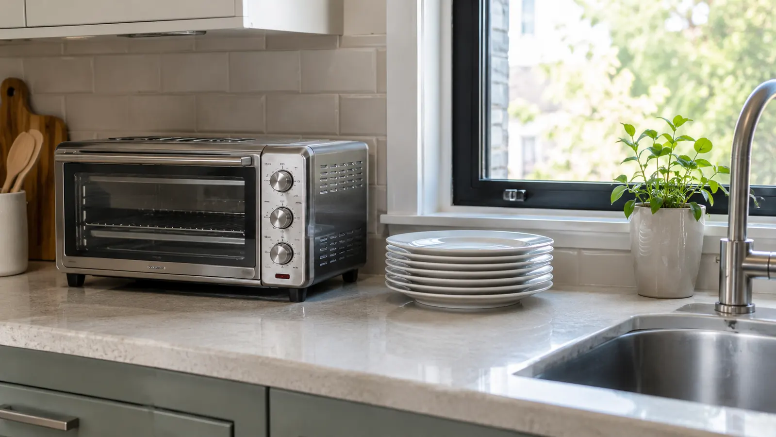 A small galley kitchen with a toaster oven on the counter, a stack of plates, and a window above the sink