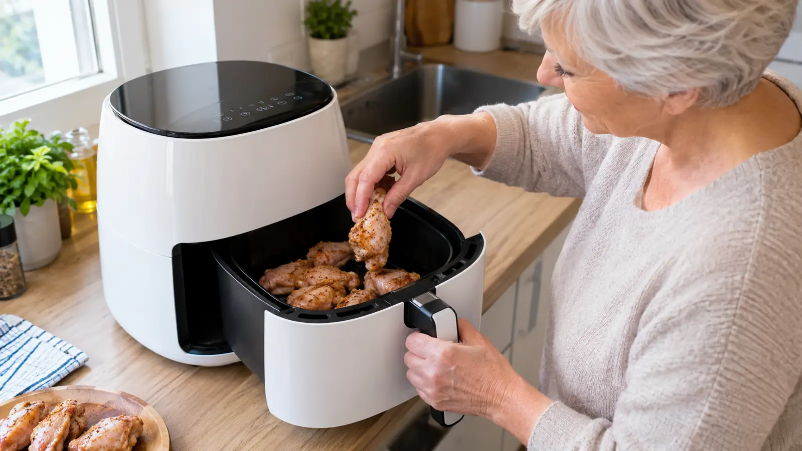 Close view of hands in a small kitchen placing chicken pieces into the basket of a compact air fryer on the counter