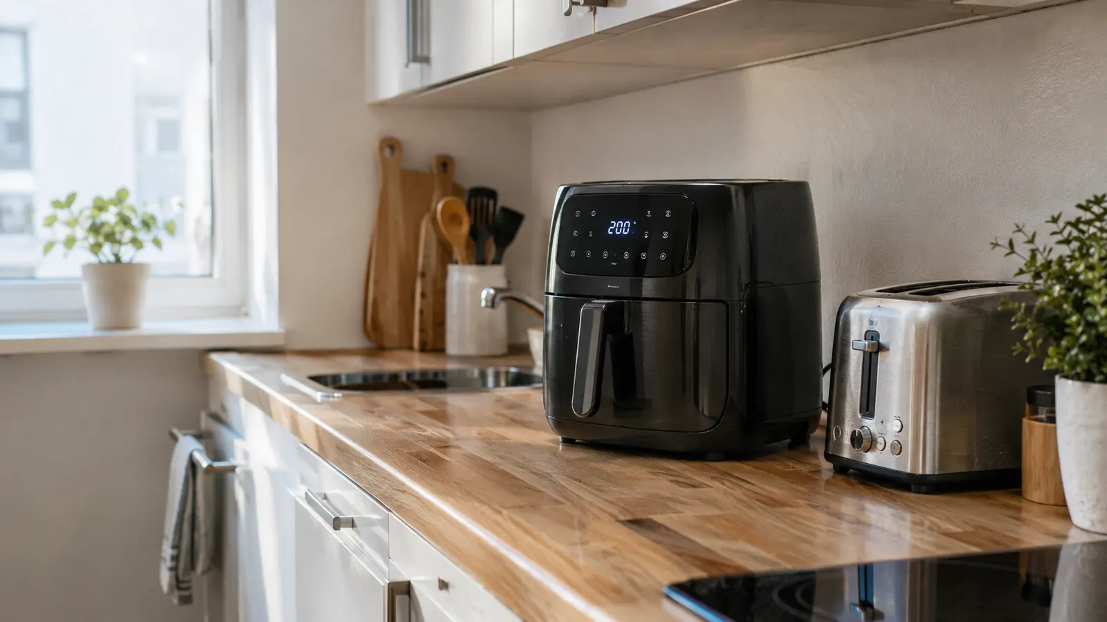 A small air fryer sitting on a short kitchen counter beside a toaster, a clean simple apartment kitchen scene