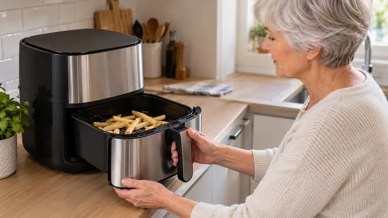 A woman's hands sliding the basket back into a small air fryer on a kitchen counter, a few frozen fries visible on the crisper rack