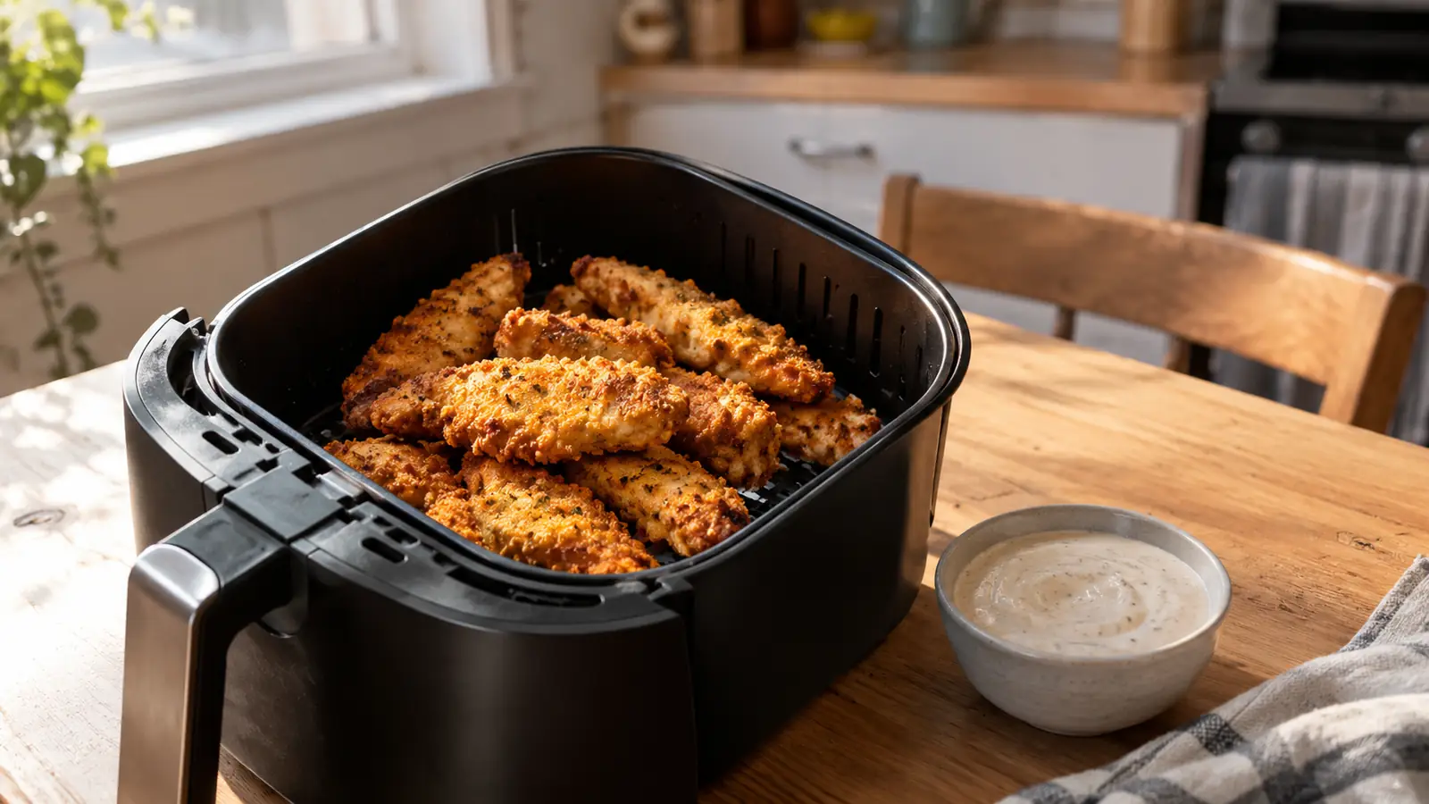 A basket of golden chicken tenders from a small air fryer next to a small bowl of dipping sauce on a two-person table