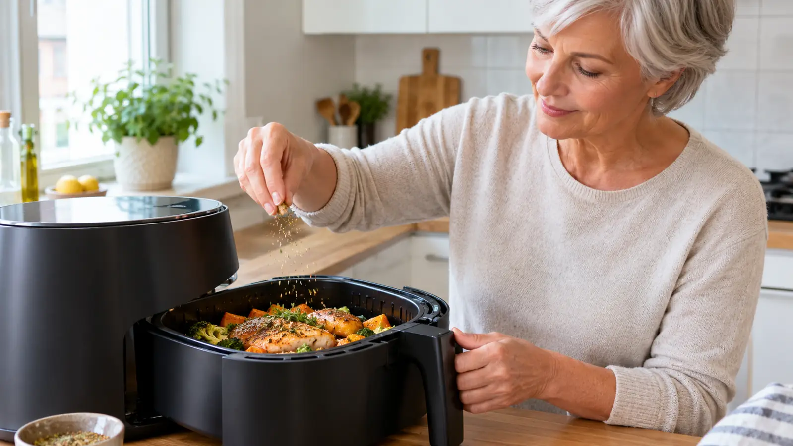 A hand sprinkling seasoning over food in the open basket of a small air fryer
