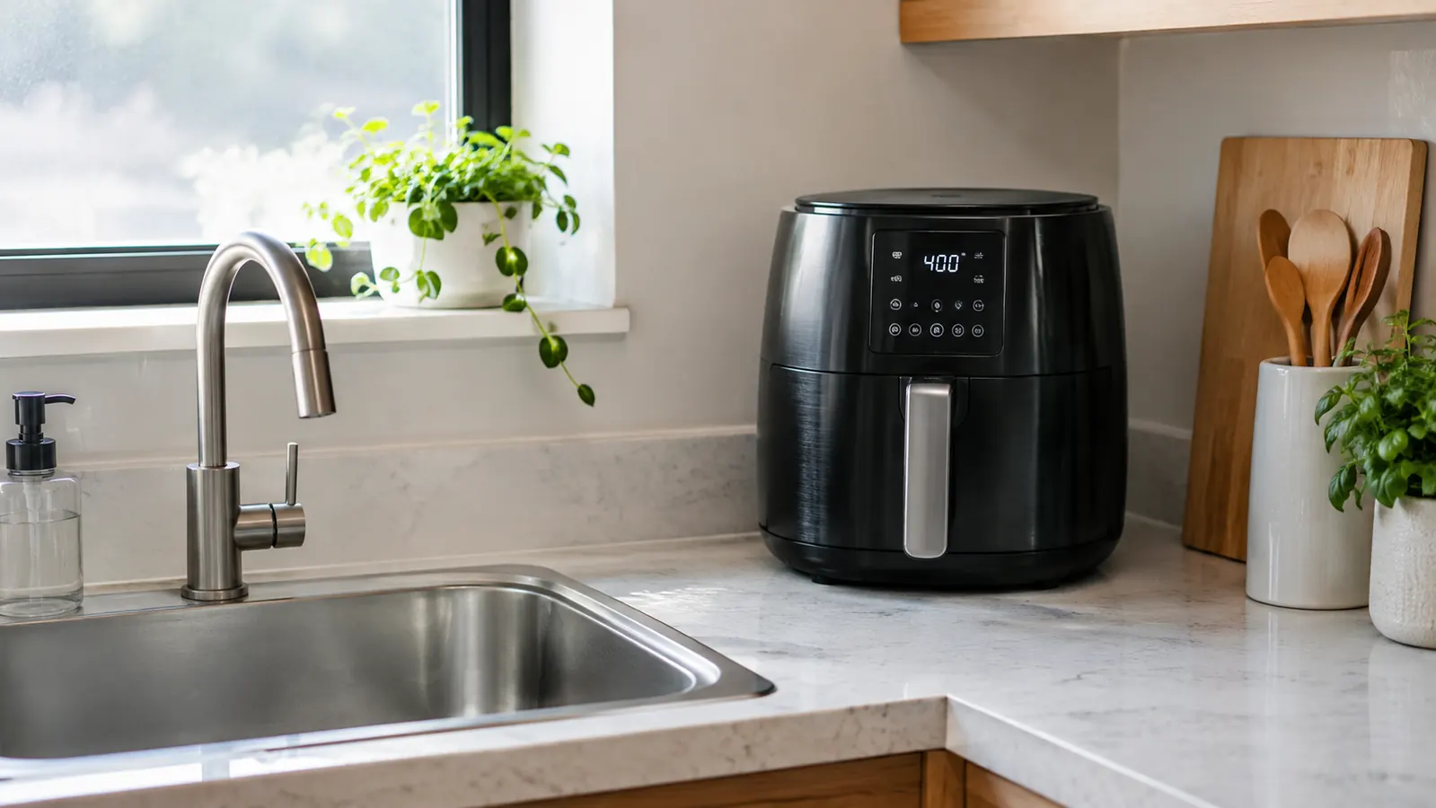 A small air fryer on a counter next to a clean sink in a compact kitchen