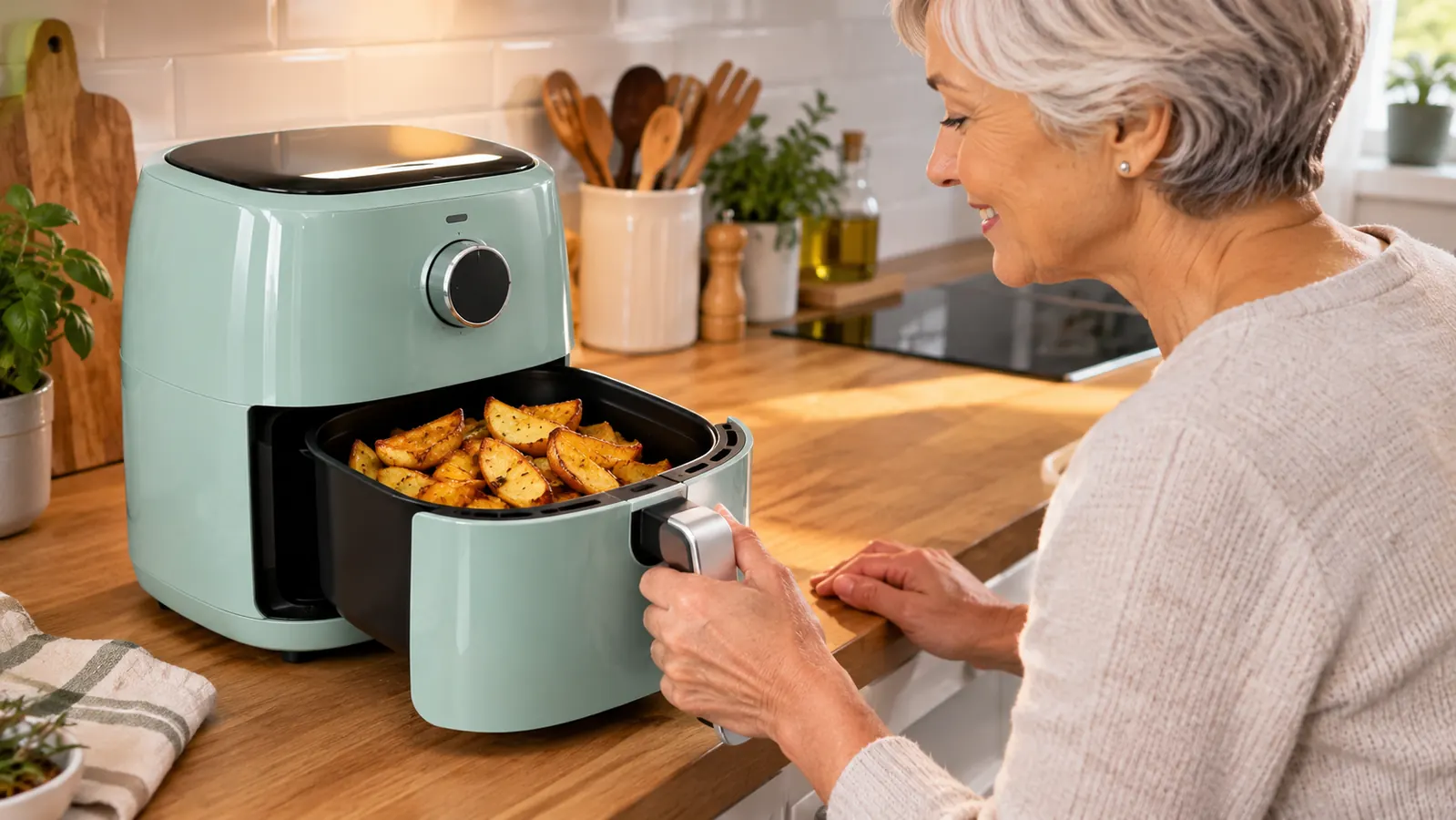 A hand pulling the basket out of a small aqua air fryer full of crispy potato wedges