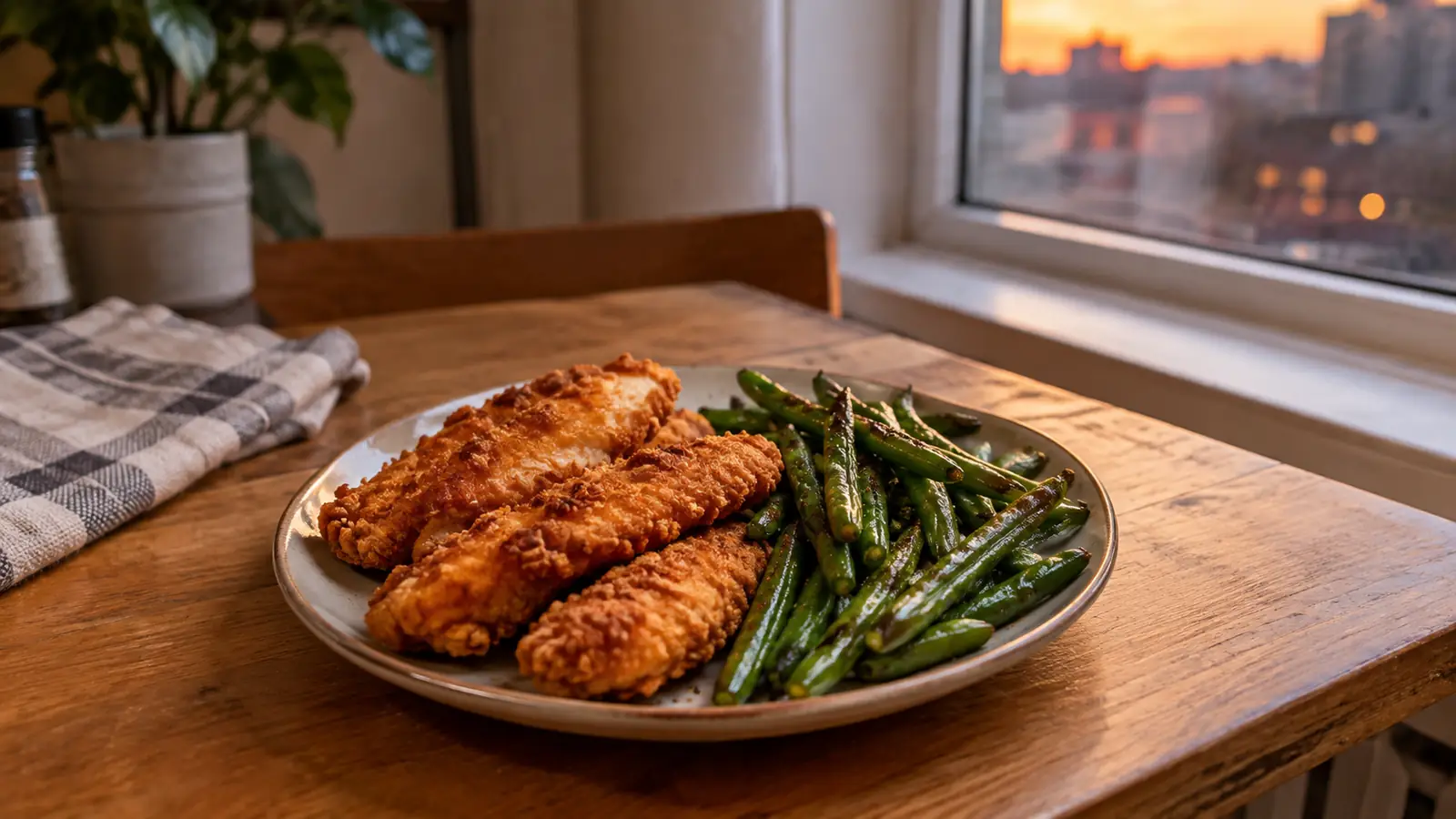 A small plate of air-fried chicken tenders and vegetables on a kitchen table for one