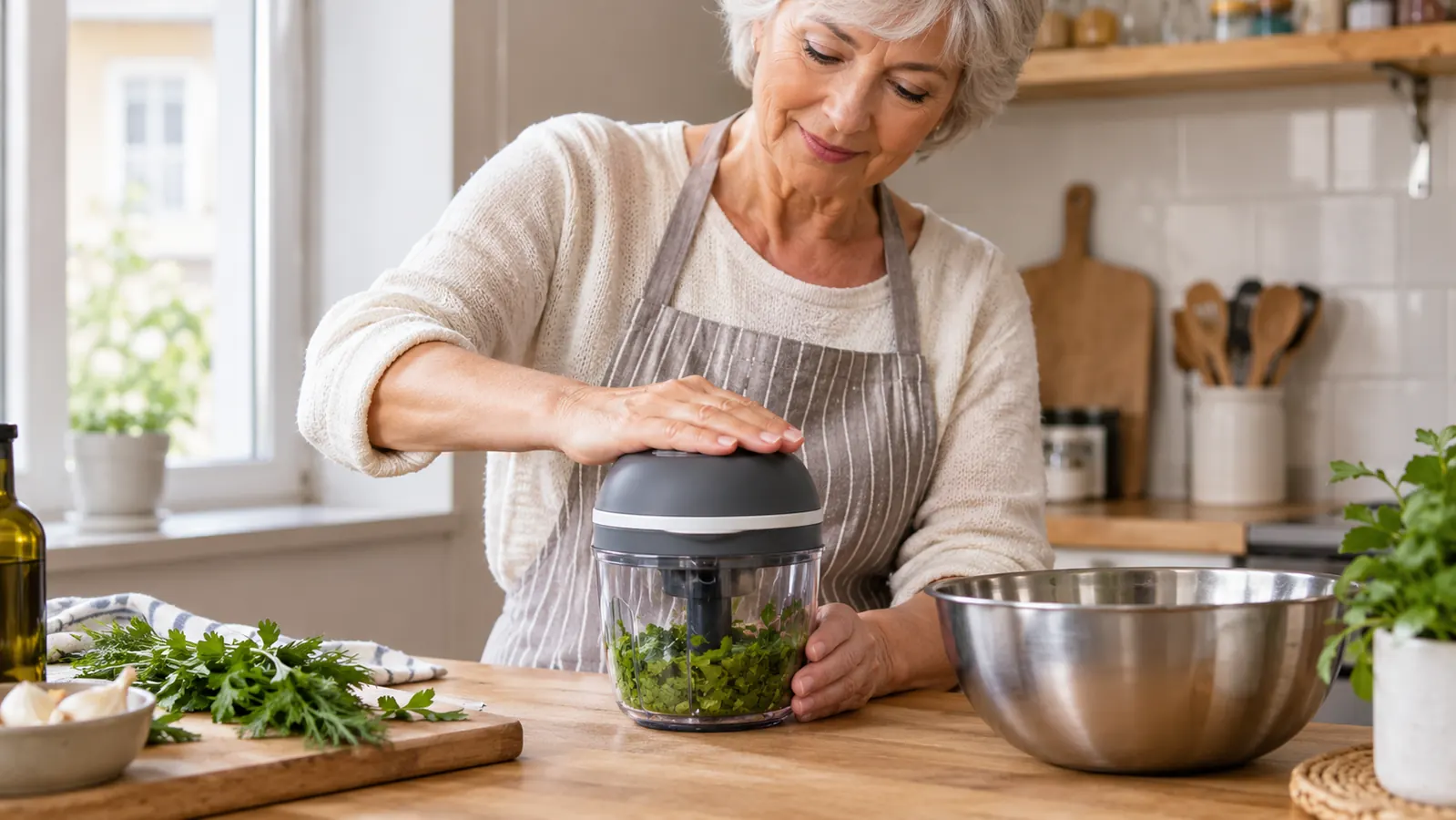 A hand pressing the lid of a small electric food chopper on a kitchen counter while a bowl of chopped herbs sits nearby