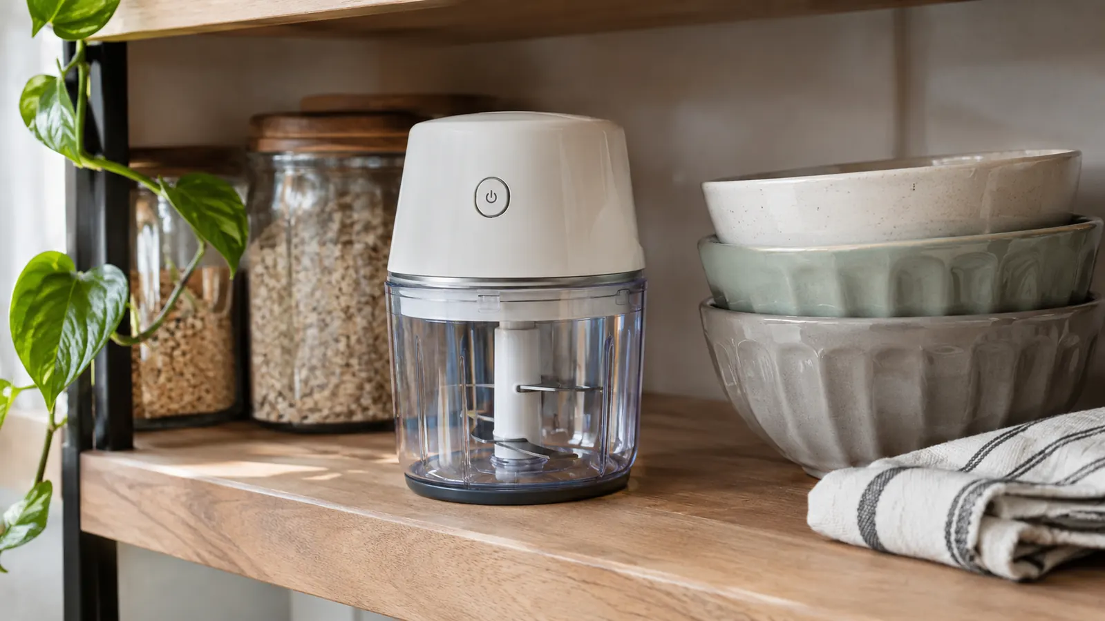 A compact electric food chopper stored on a pantry shelf beside a stack of mixing bowls