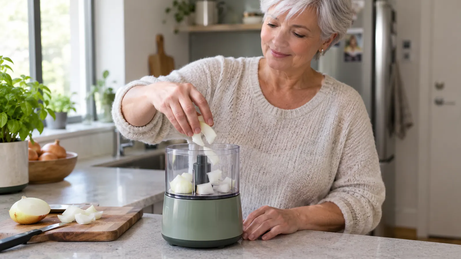 A hand adding onion pieces into a small electric chopper on a kitchen counter