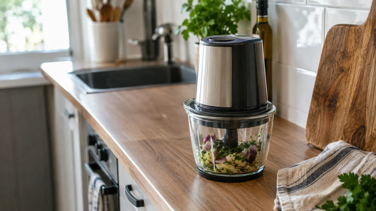 A small electric chopper sitting on a narrow kitchen counter beside a cutting board