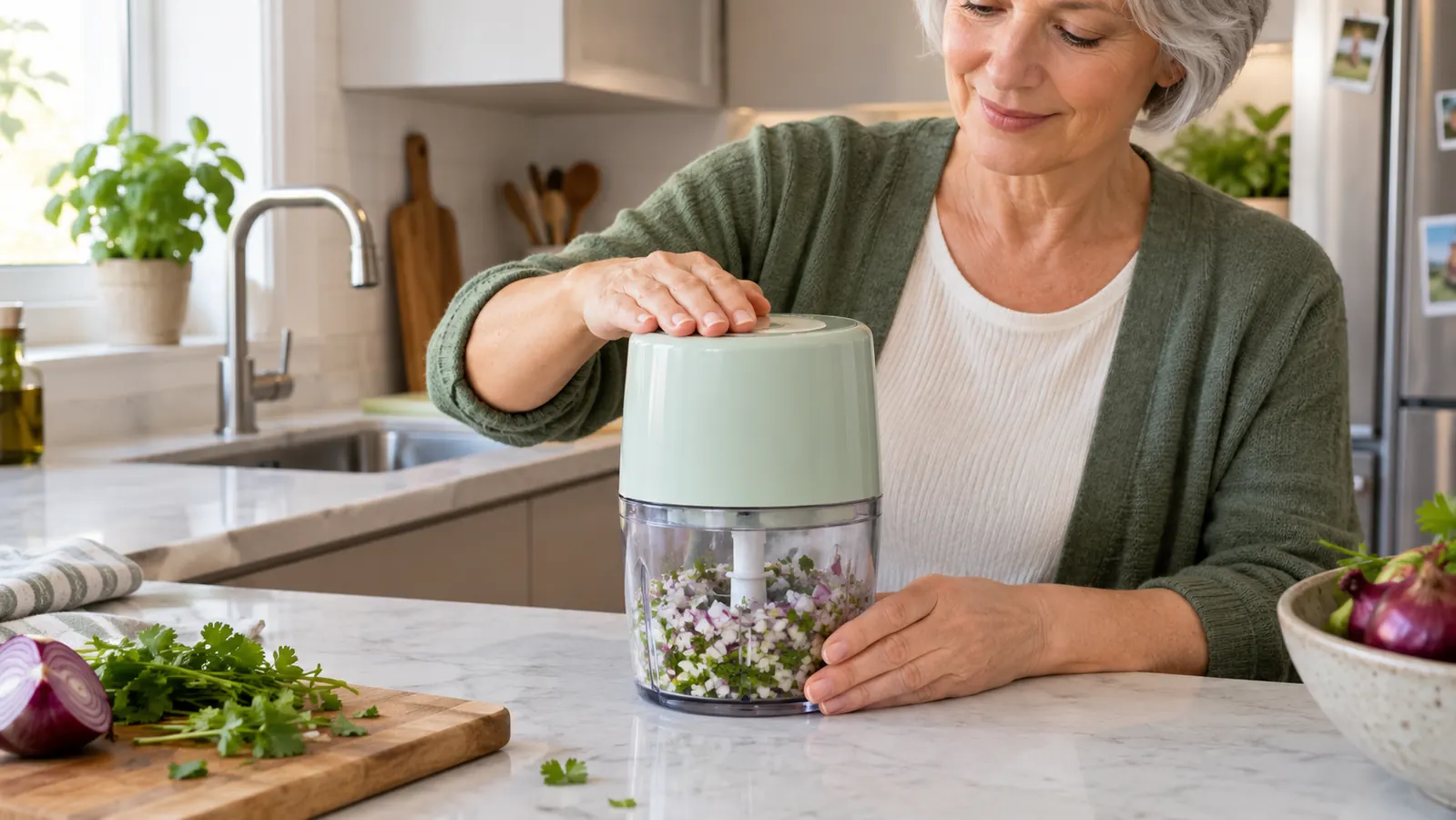 A hand pressing the lid of a small food chopper over a bowl of chopped vegetables on a kitchen counter