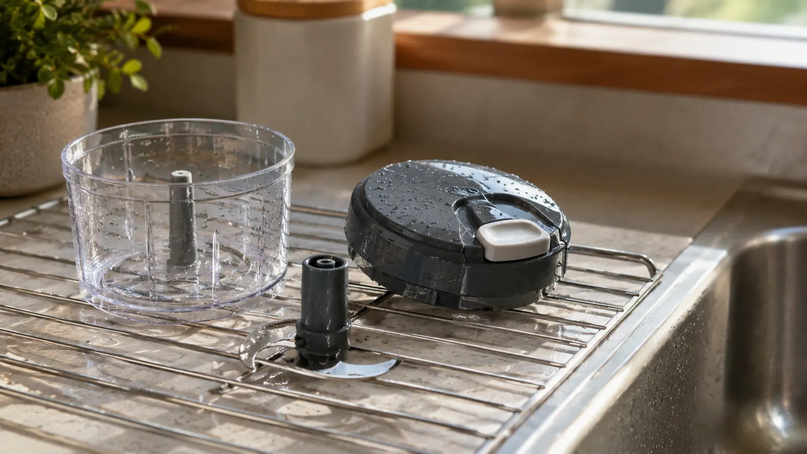 The bowl, lid, and blade of a small food chopper drying on a rack next to a kitchen sink