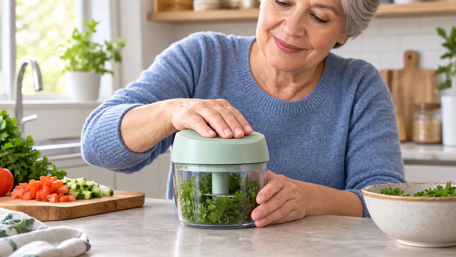 A hand pressing the lid of a compact food chopper while diced vegetables sit on a nearby cutting board.