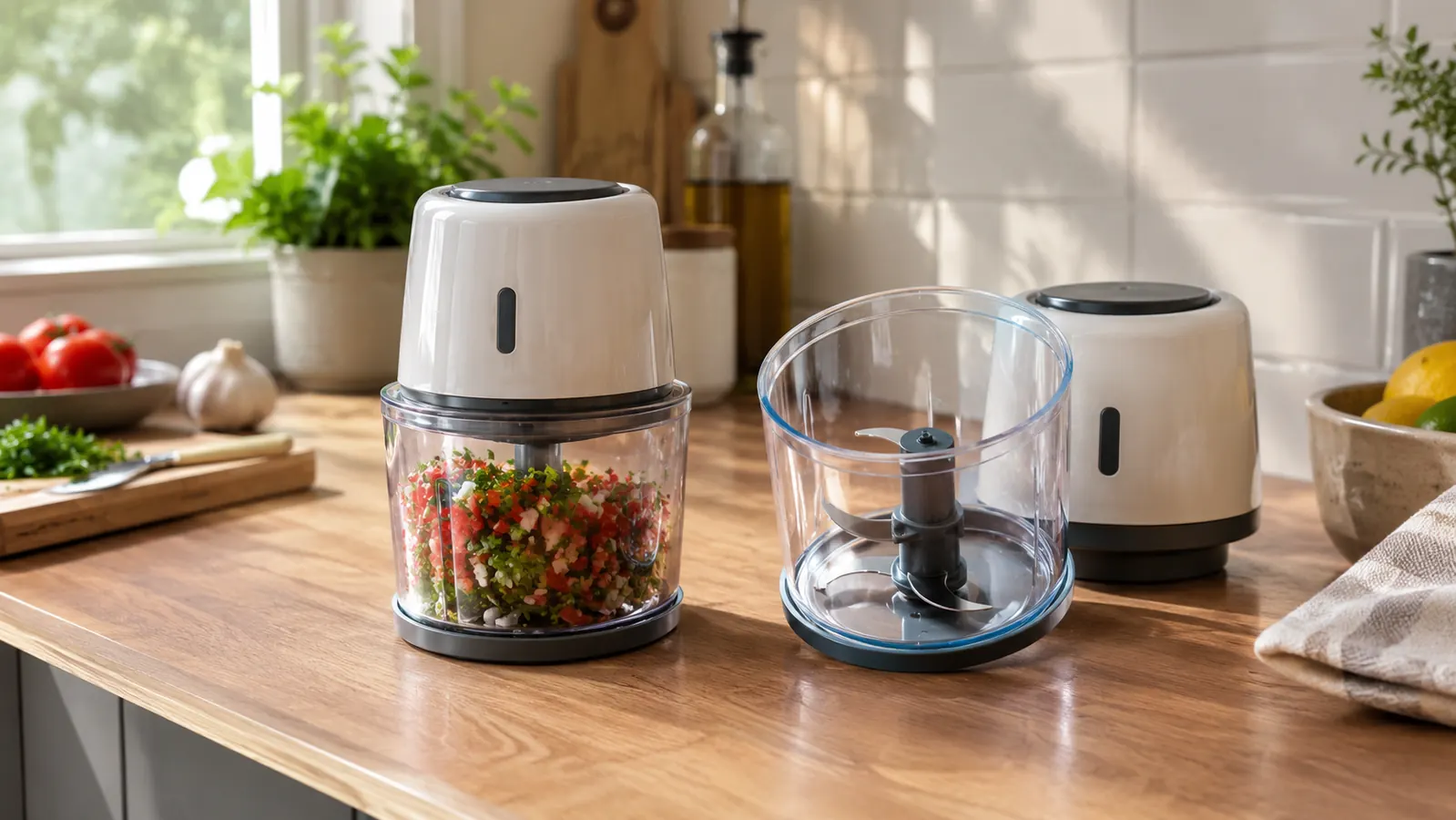 Two compact food choppers side by side on a small kitchen counter.