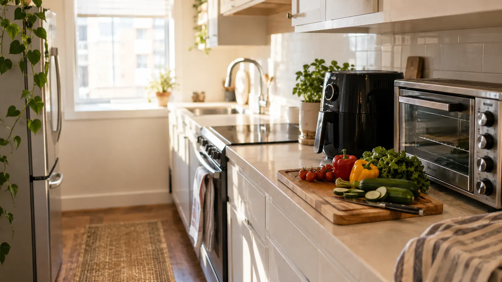 A small apartment galley kitchen with a compact air fryer and toaster oven on a tidy countertop in morning light