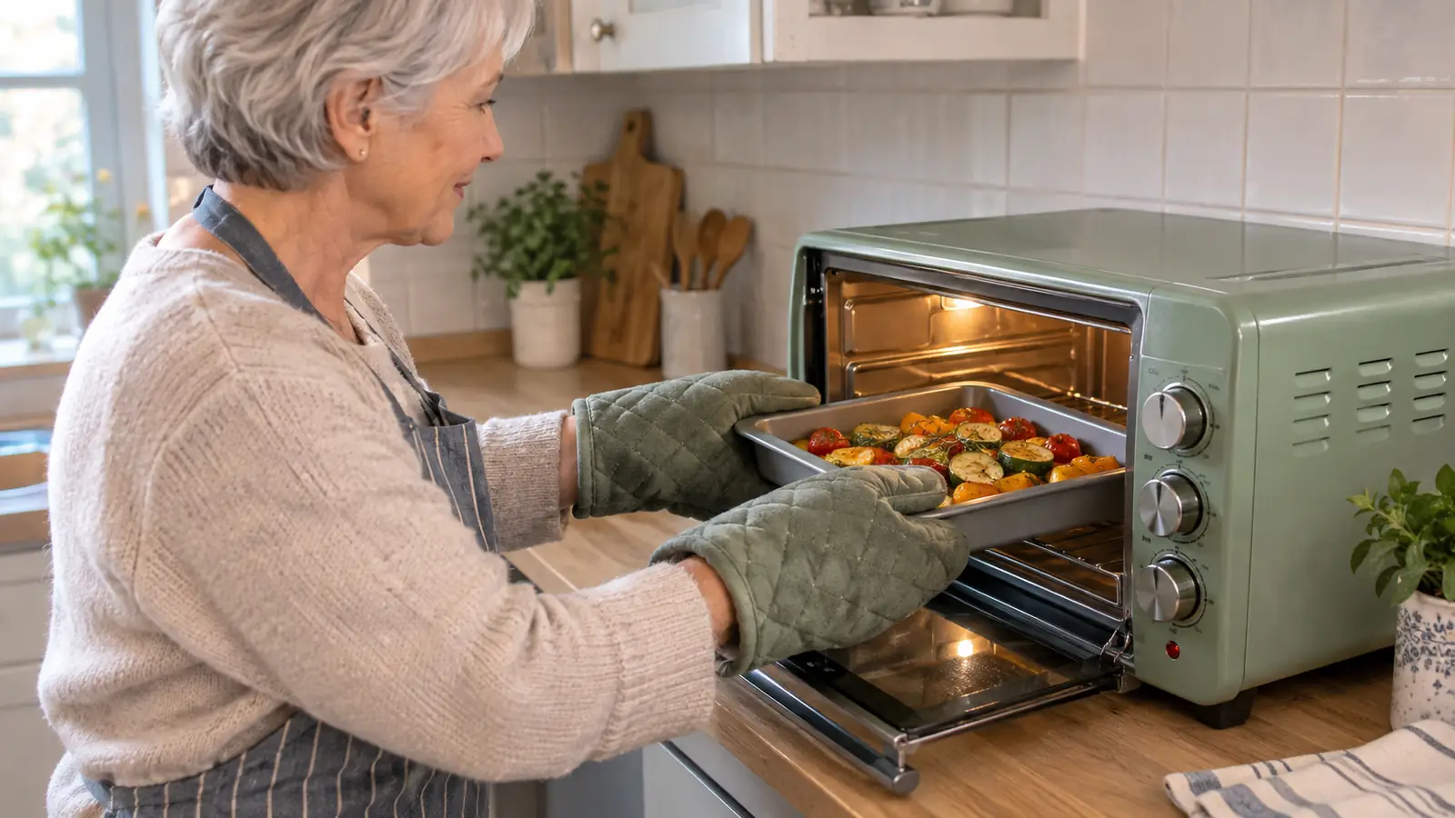 Hands in quilted oven mitts sliding a small rimmed baking pan into the open door of a toaster oven