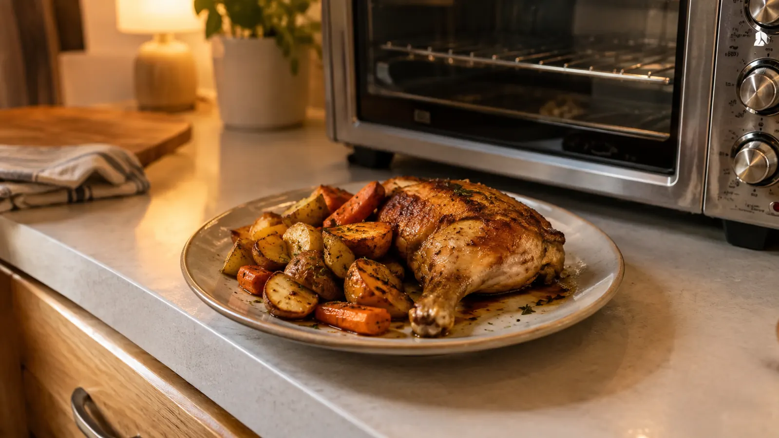A plate of roasted chicken and vegetables on the counter next to a toaster oven in a small kitchen