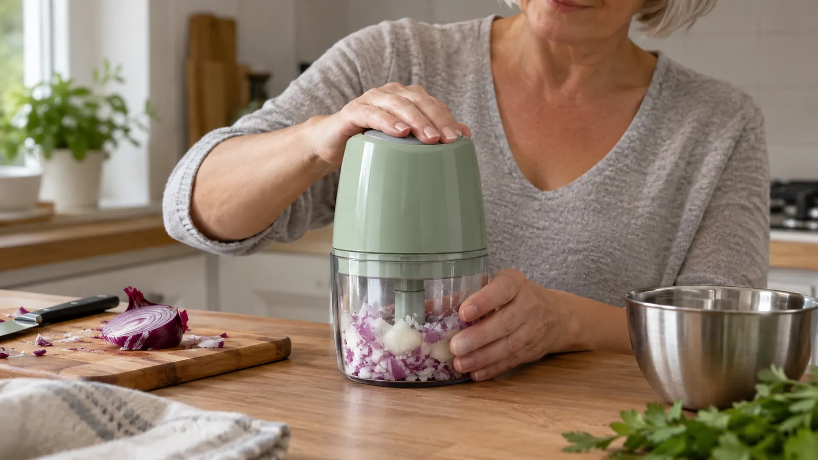 A hand pressing the lid of an electric mini food processor on a small kitchen counter with chopped onion visible inside the bowl