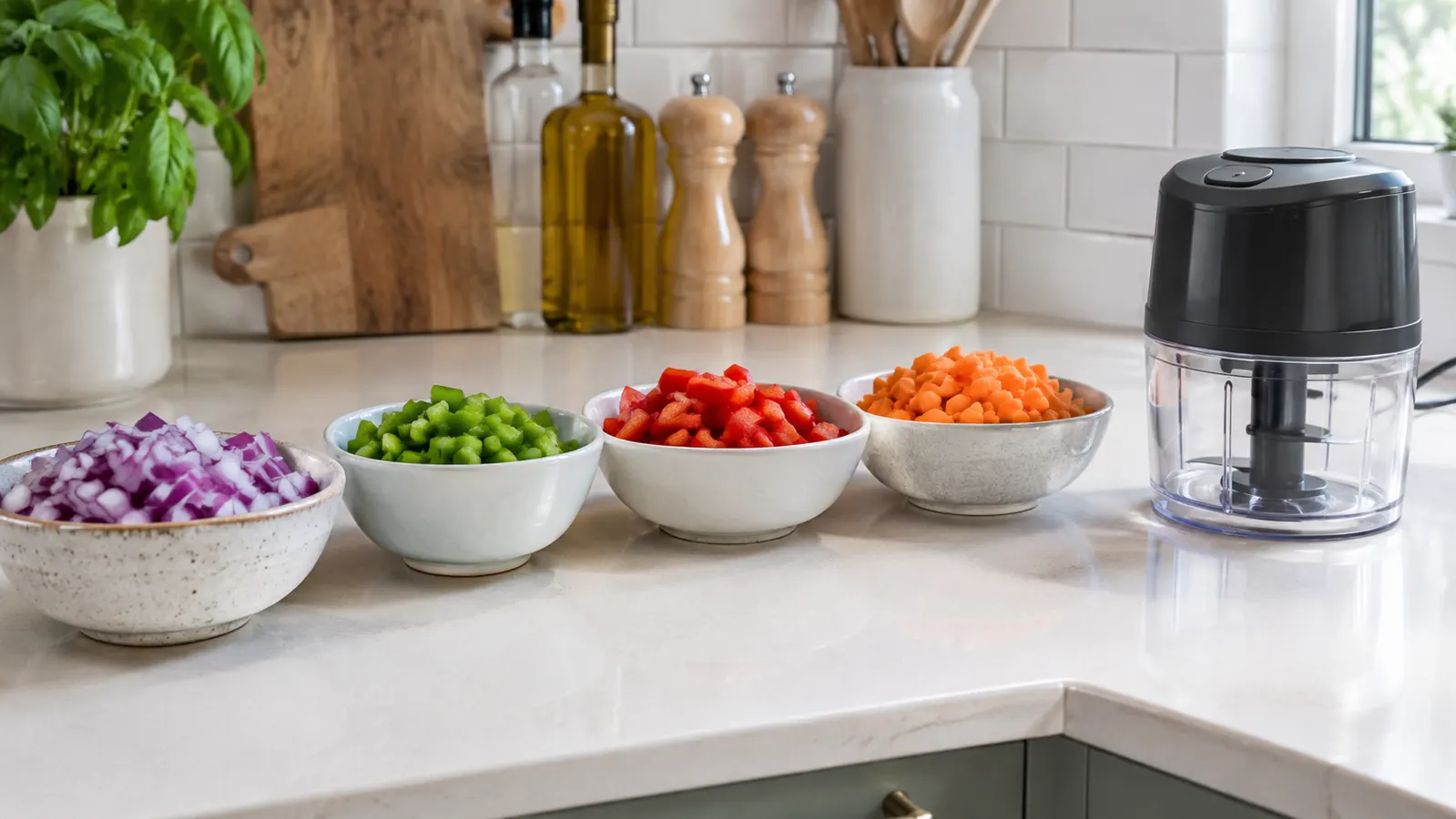 Small bowls of chopped vegetables lined up on a narrow kitchen counter with a mini food processor at the end of the row