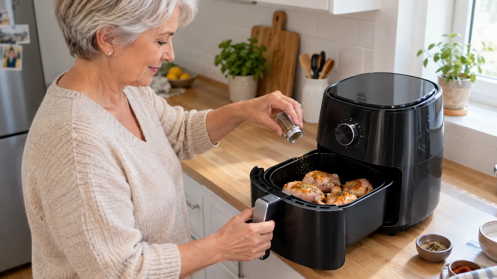 A hand sprinkling seasoning over chicken pieces in the basket of a small air fryer on a kitchen counter