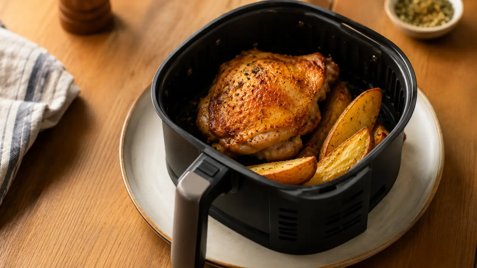 A small air fryer basket holding a single chicken thigh and a few potato wedges on a plate