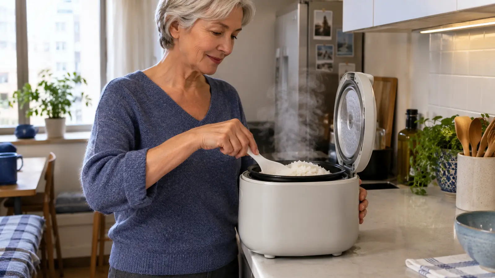 A small rice cooker open with steam rising while a woman fluffs rice with a paddle