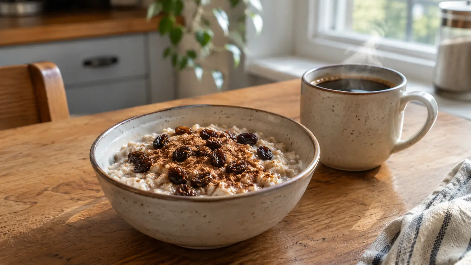A bowl of oatmeal with raisins and cinnamon on a small table next to a mug of coffee