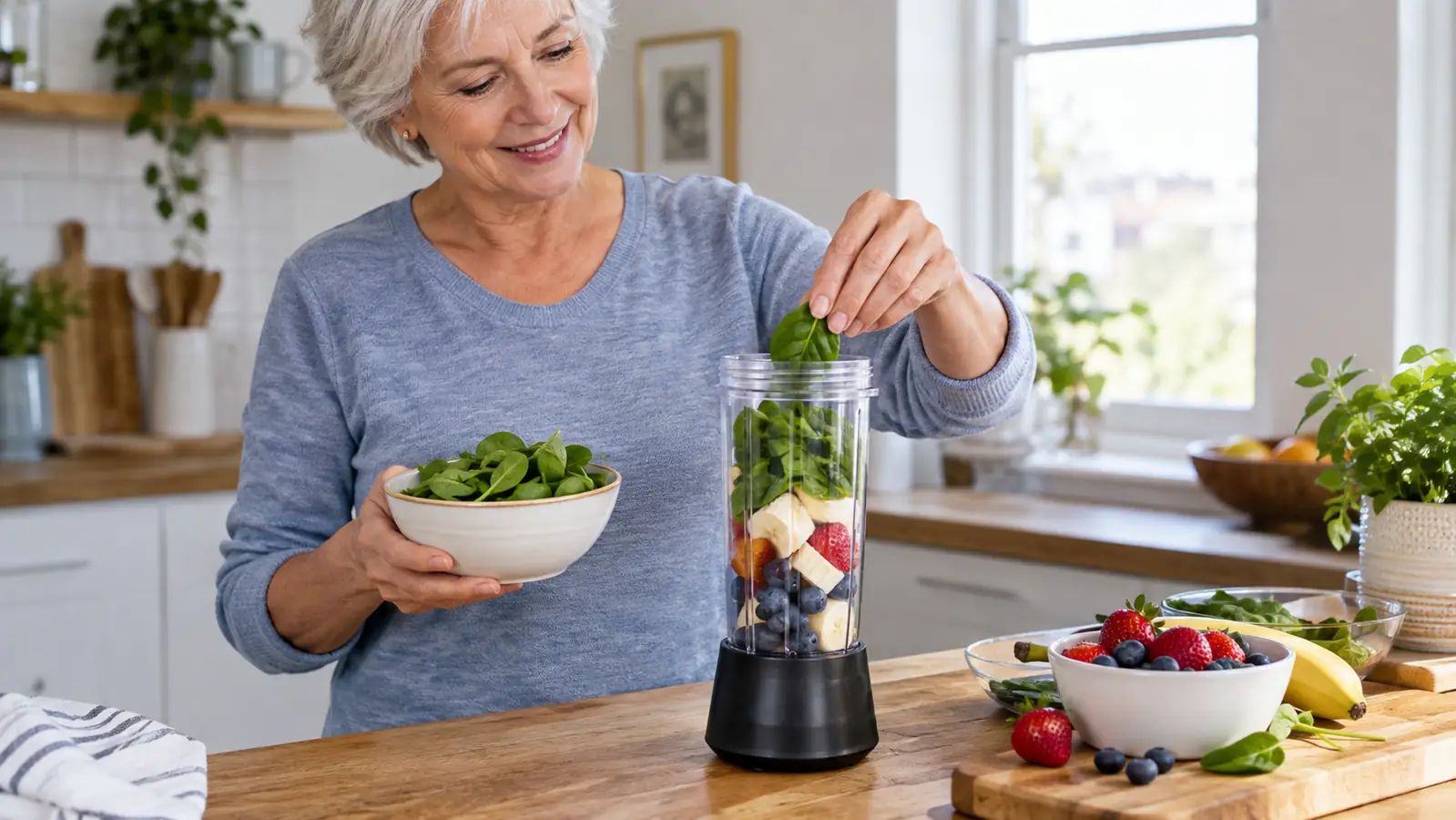 A hand adding fresh fruit and greens to a personal blender cup on a kitchen counter